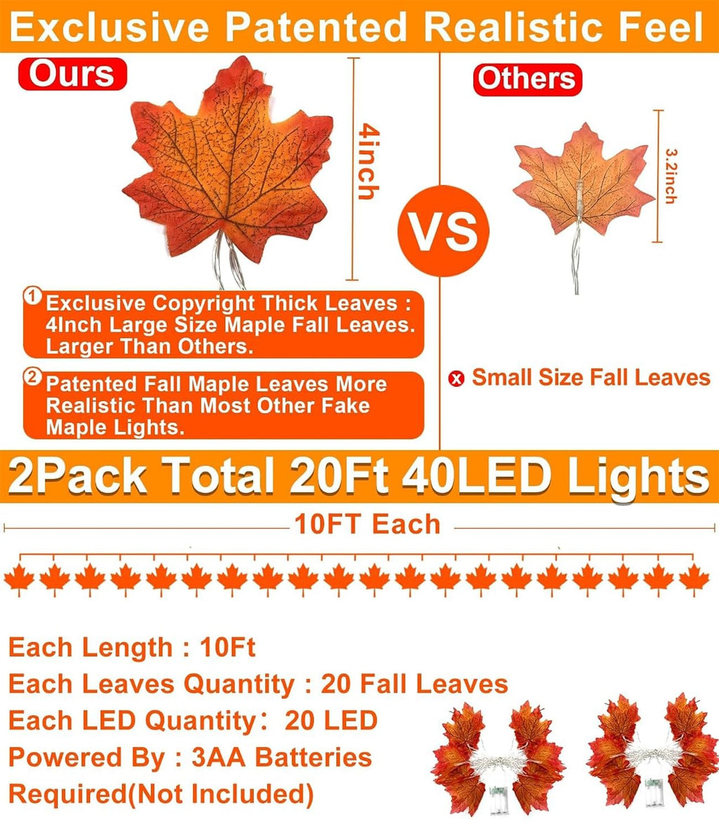 Fall Decor 2 Pack Fall Garland with Lights Enlarged Maple Leaves 20Ft 40LED | Halloween Thanksgiving Decorations, Battery Operated Waterproof Autumn String Lights Indoor Outdoor Fall Decorations for Home