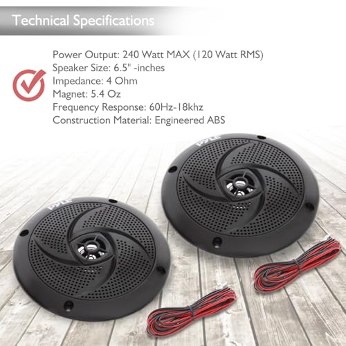Low-Profile Waterproof Marine Speakers - 240W 6.5 Inch 2 Way 1 Pair Slim Style Waterproof and Weather Resistant Outdoor Audio Stereo Sound System, for Boat, Off-Road Vehicles - Pyle (Black)
