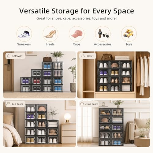 Kuject X-Large Shoe Storage Boxes 12 Pack, Clear Stackable Shoe Organizer | Drop-Front Space-Saving Shoe Cases for Closet, Entryway & Under-Bed Storage, Family Organizer,Black