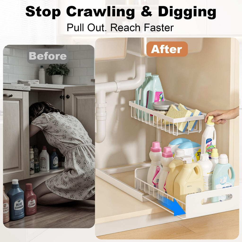 REALINN Under Sink Organizer, L-Shaped 2 Tier Pull Out Cabinet Organizer | Slide Out Under Cabinet Storage, For Kitchen and Bathroom, Metal Under Sink Storage with Sliding Drawer, 50 lbs, White 2 Pack