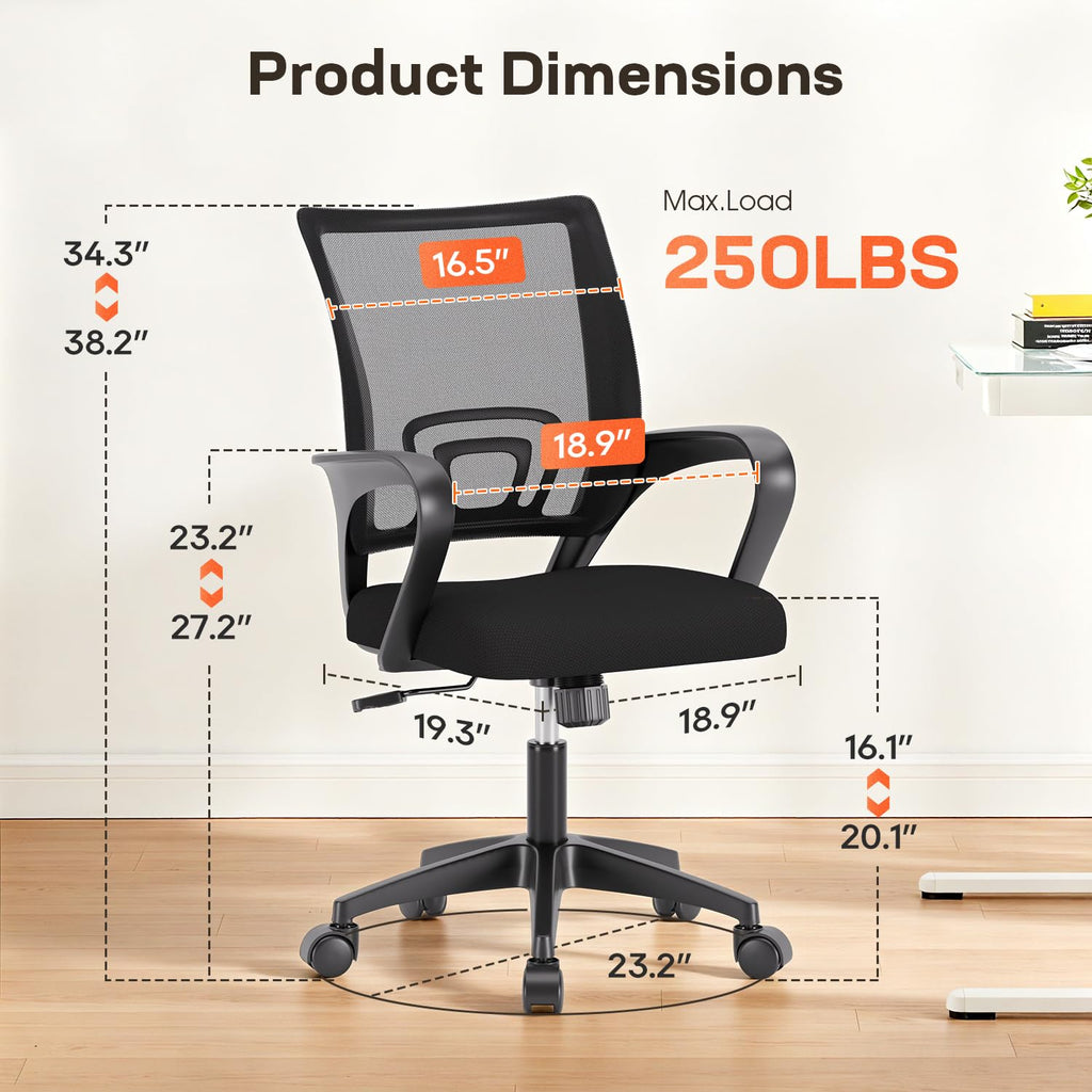 BestOffice Ergonomic Office Chair | Mid-Back Swivel Desk Chair | Dark Black | with Lumbar Support, Adjustable Height & Breathable Backrest | Sponge Seat & Rolling Wheels | for Home, Office | Pack of 1