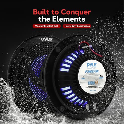 Pyle Marine Speakers -5.25 Inch 2 Way Waterproof and Weather Resistant Outdoor Audio Stereo Sound System with LED Lights,180 Watt Power and Low Profile Slim Style -1 Pair -PLMRS53BL (Black)