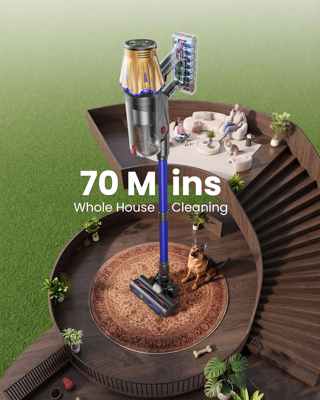 Cordless Vacuum Cleaner, Upgraded 650W 60KPA 70Mins Cordless Stick Vacuum Cleaner with Flexible Hose,Self-Standing,Touch Screen, Anti-tangle Wireless Vacuum Cleaners for Home/Pet Hair/Carpets/Floors