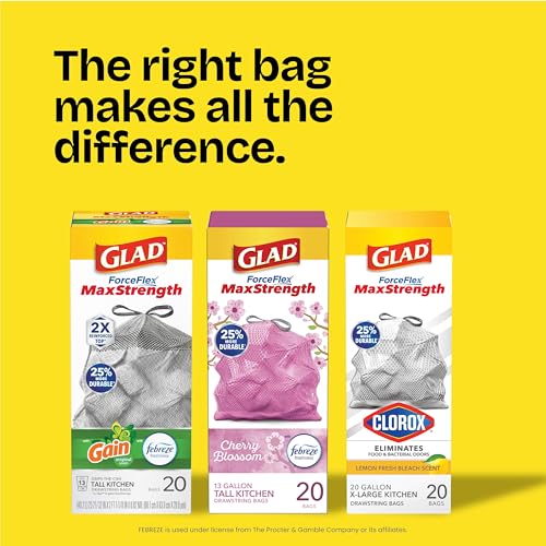Glad ForceFlex MaxStrength Tall Kitchen Trash Bags, Rip and Tear Resistant, Cherry Blossoms Scented Pink Tall Garbage Bags, Odor Control, Febreze Freshness, 13 Gallon, 90 Count