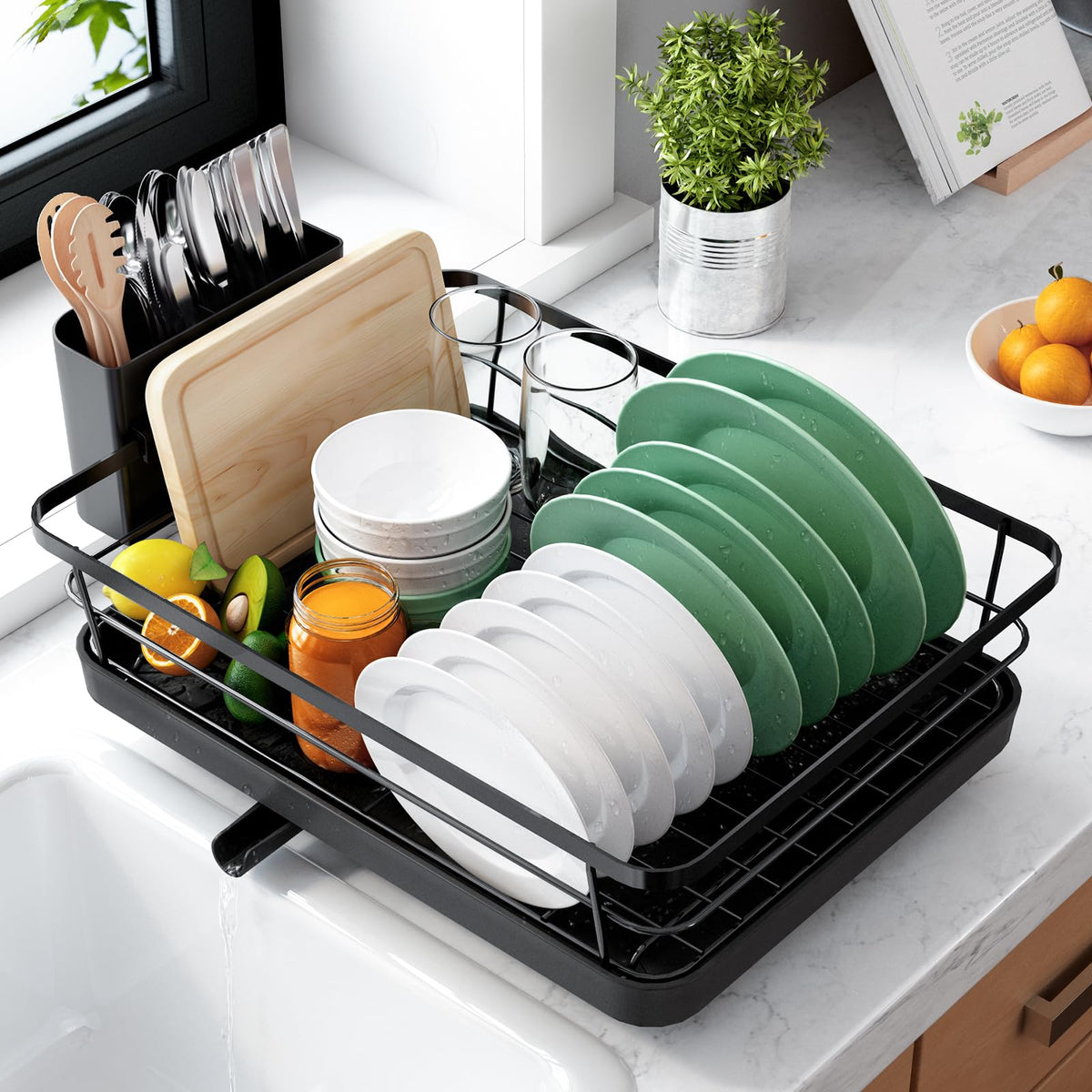 Kitsure Space-Saving Dish Drainer Rack with a Cutlery Holder, Large, Black | Rust-Resistant Dish Racks for Kitchen Counter, Automatic Drainage Draining Board Rack, Bowl And Utensil Storage