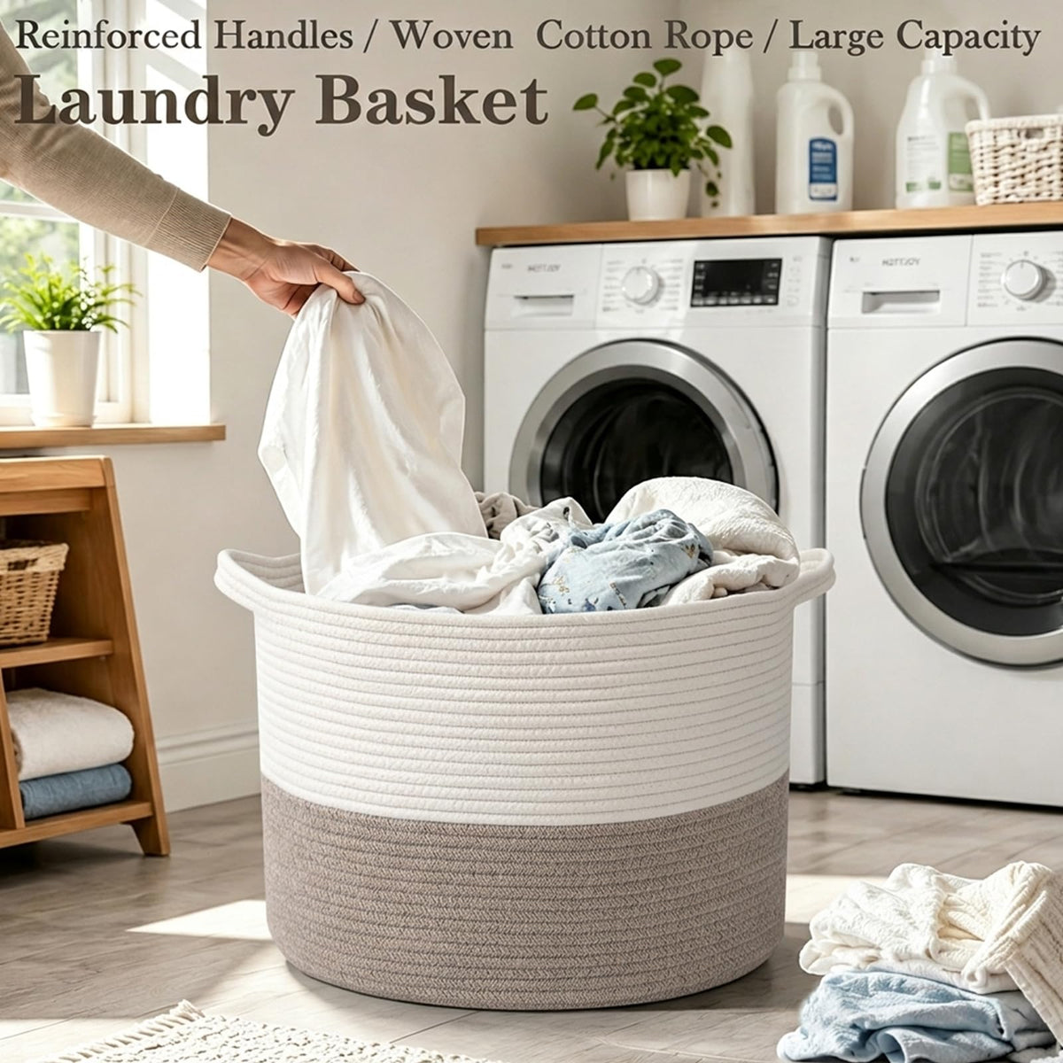 HZFTJOY Large Woven Blanket Basket,65L Cotton Rope Laundry Basket | Collapsible Nursery Storage Bin with Sturdy Handles for Clothes, Toys, Pillows, Living Room Bedroom Bathroom - White & Brown