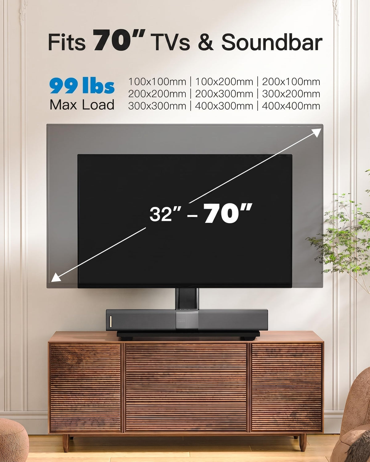 PERLESMITH Universal TV Stand Legs for 32-70 inch TVs to 99lbs with Mount | 8 Height adjustable, Tempered glass base, Fixed, Max VESA 400x400mm, Livingroom & Bedroom, PSTVS04