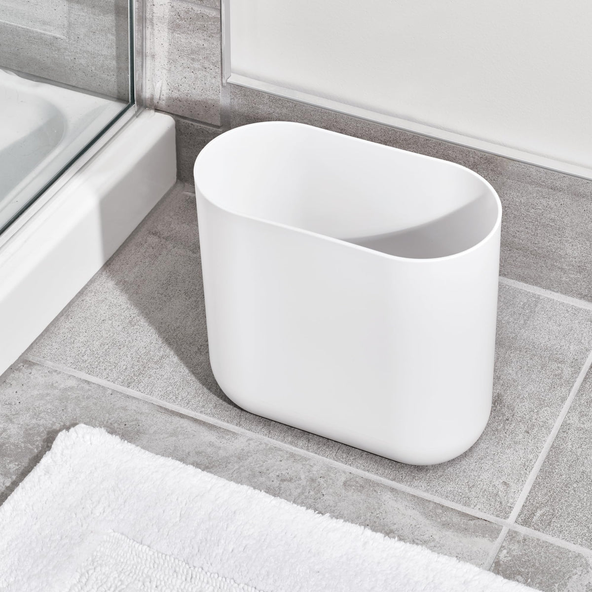 iDesign Small Slim Plastic Bathroom Trash Can, White | Bedroom, Office, Desk, Dorm