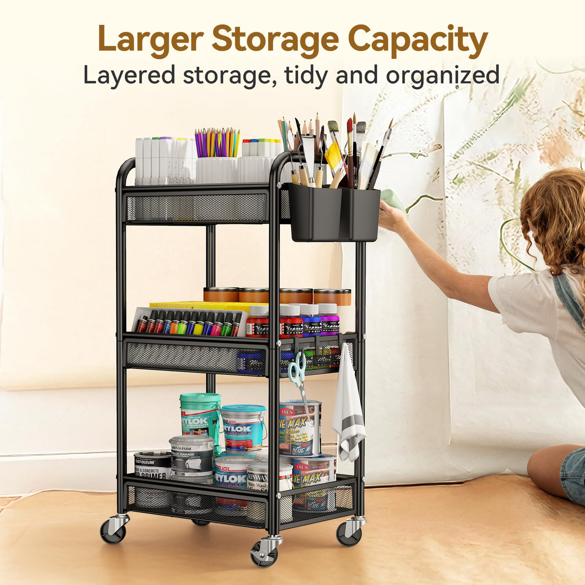 YASONIC 3 Tier Metal Rolling Cart, Black Utility Storage Cart with Wheels | Metal Mesh Craft Cart With Hooks & Hanging Cups, Ideal For Kitchen, Bathroom, Office, Dorm, Art Workspace, Bedside Storage