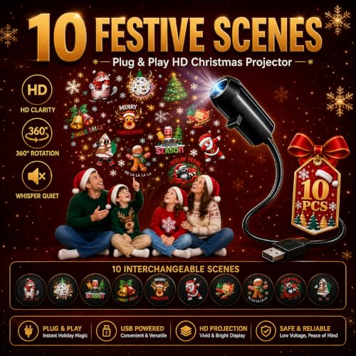 2027 New Plug and Play Hd Christmas Projector Indoor, 360°Adjustable Christmas Scene Projector Indoor, Holiday Projector for Bedroom, Gaming Room (10 Projection Films)