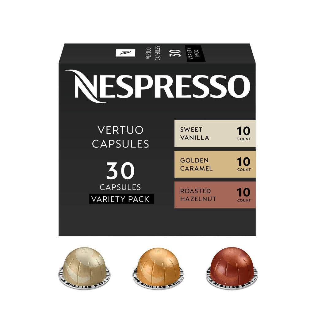 Nespresso Vertuo, Barista Flavored Pack, Medium Roast, 30-Count Coffee Pods | Medium-Roast Coffee Capsules, Caramel, roasted hazelnut and sweet vanilla flavors