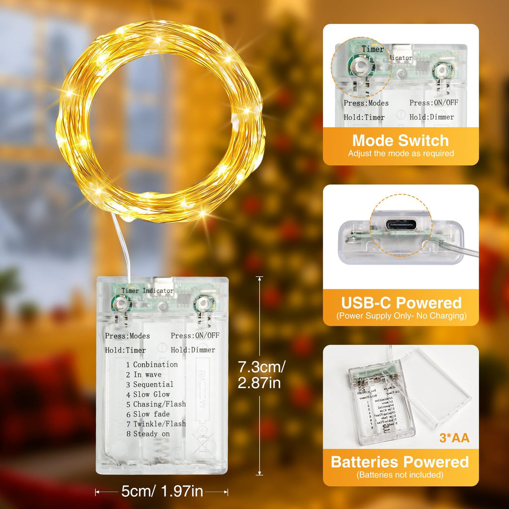 16FT 50 LED Fairy Lights Battery Operated with Timer, Warm White