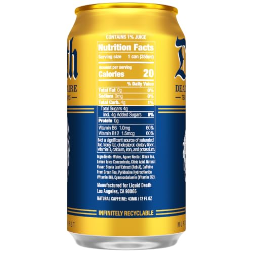 Liquid Death Iced Tea - Dead Billionaire (Black Tea/Lemonade), Less Sugar*, Boost of Caffeine, B Vitamins, No Artificial Sweeteners, 12 Fl Oz (Pack of 12)