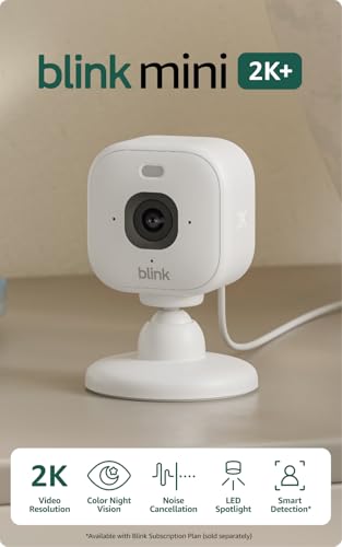Blink Mini 2K+ (newest model) – Plug-in Home & Pet Indoor Security Camera with 2K video resolution, night vision, enhanced audio, motion detection – 1 camera (White)