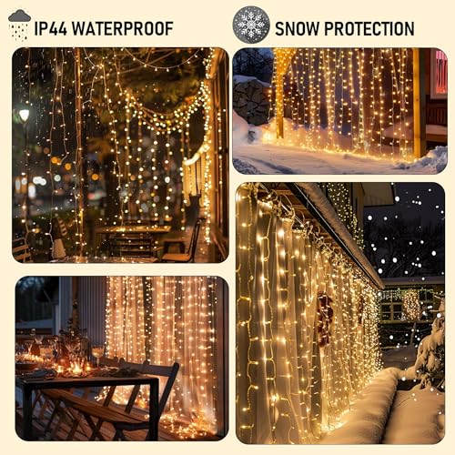 Dazzle Bright 300 LED Curtain Lights, Plug in Fairy Curtain Lights for Bedroom, Christmas Hanging String Lights Outdoor for Window Backdrop Wall Wedding Patio Indoor Dorm Party Decor, Warm White