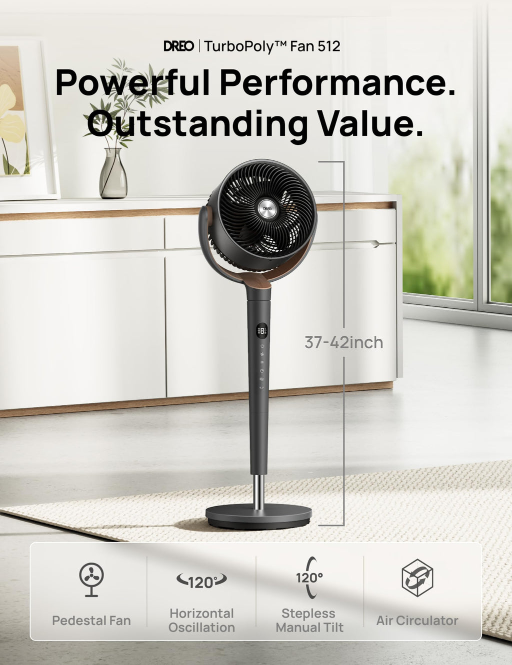DREO Pedestal Fan for Bedroom, 100ft Airflow, Quiet DC Motor Standing Fan | 9 Speeds & 4 Modes, 120° Manual Vertical Tilt Floor Fan, 37-42" Adjustable Height, 8H Timer for Home Office