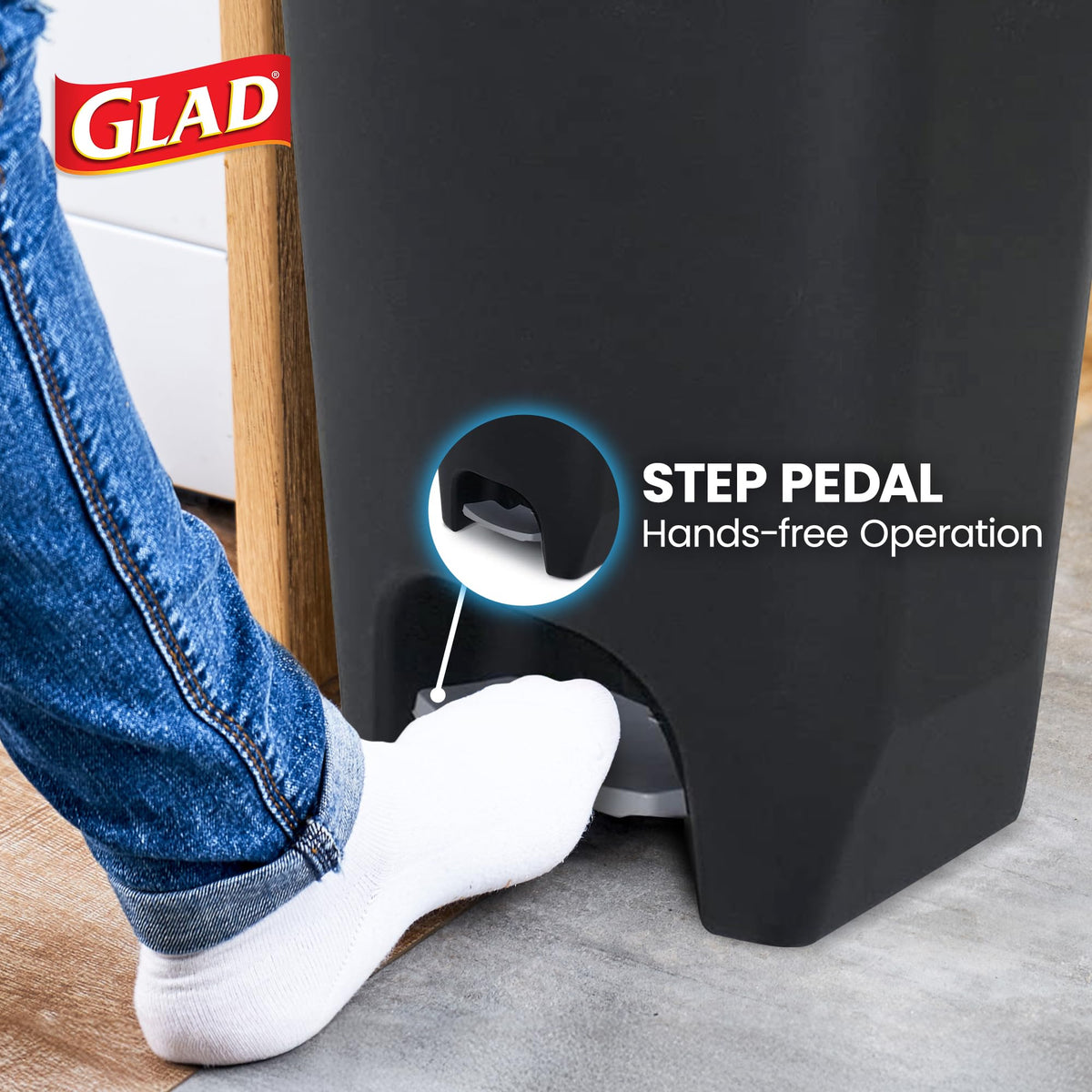 Glad Trash Can with Clorox Odor Protection | Plastic Bin, 13 Gal, Black | Kitchen Waste Bin | Hands Free with Step On Foot Pedal and Garbage Bag Rings