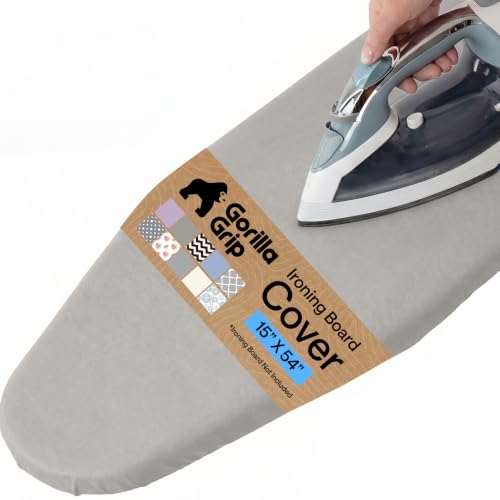 GORILLA GRIP Padded Ironing Board Cover, 15x54 Silver | Silicone Coating, 400°F Scorch and Stain Resistant, Fits Over Standard Size Board, Heavy Duty Hook and Loop Fastener Strap