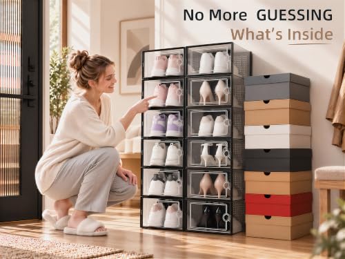 Kuject X-Large Shoe Storage Boxes 12 Pack, Clear Stackable Shoe Organizer | Drop-Front Space-Saving Shoe Cases for Closet, Entryway & Under-Bed Storage, Family Organizer,Black