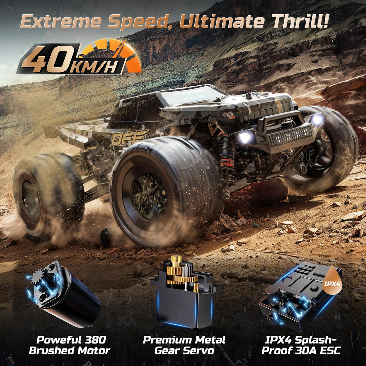 DEERC 9309E RC Cars for Adults 40KPH,All Terrain Fast Remote Control Cars | 1/16 Scale RC Monster Truck,2.4Ghz 4WD Waterproof Electric High Speed Car,Monster Truck with 2 Batteries for Boys & Kids