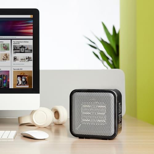 Amazon Basics Ceramic Portable Mini Space Heater for Office Desk, Indoor Use, Fast Heating, 500W, With Tip-Over Protection, Lightweight 1.4 lbs, Black, 5.87"D x 3.15"W x 5.95"H