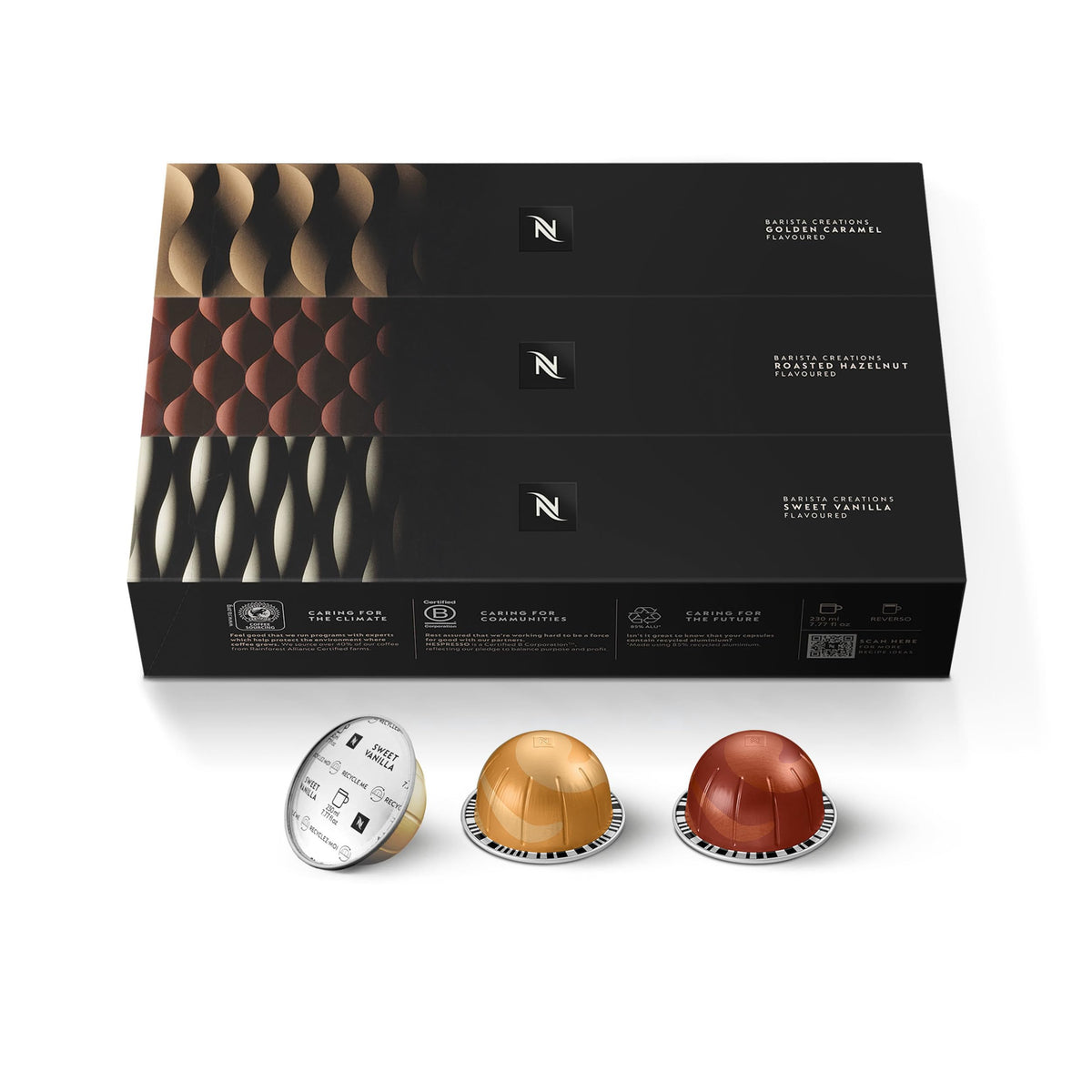 Nespresso Vertuo, Barista Flavored Pack, Medium Roast, 30-Count Coffee Pods | Medium-Roast Coffee Capsules, Caramel, roasted hazelnut and sweet vanilla flavors
