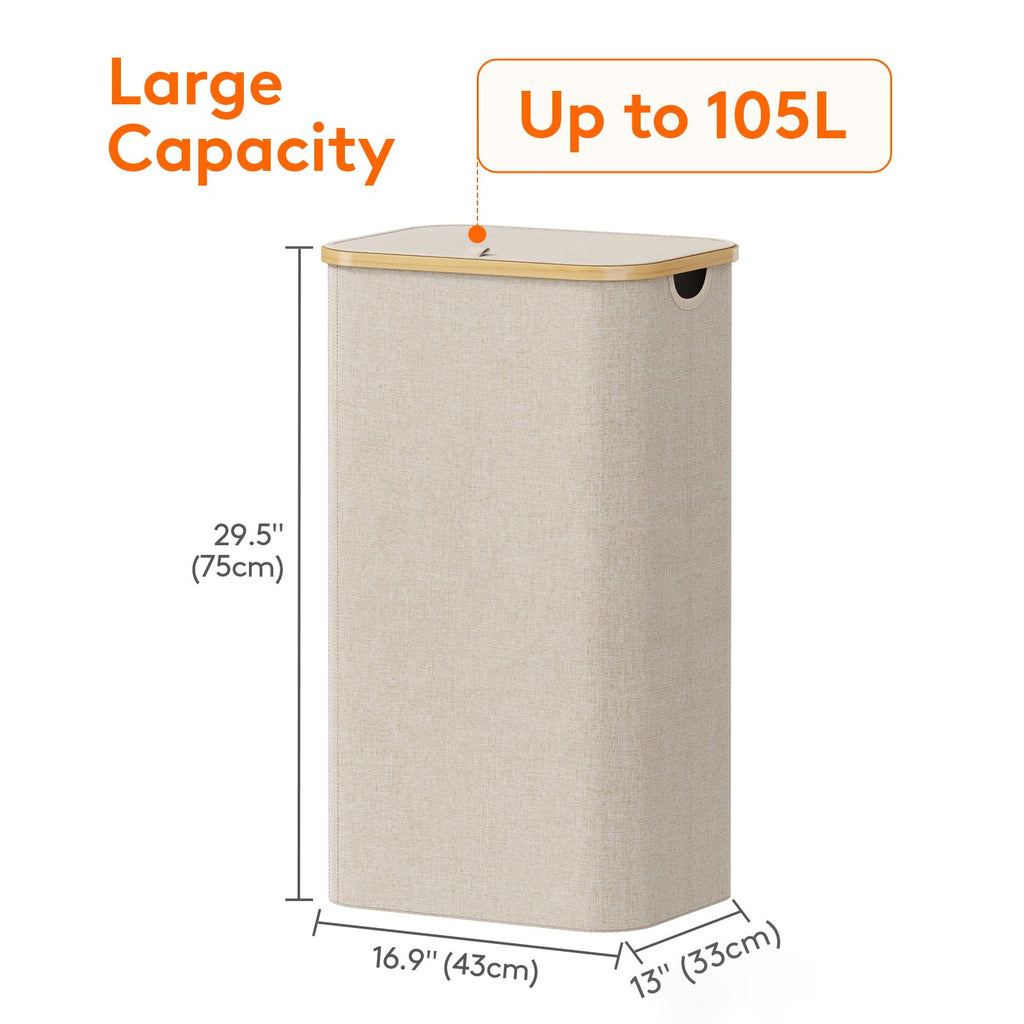 Lifewit 105L Large Laundry Basket with Lid, Removable Bags, Beige | Foldable Laundry Hamper with Bamboo Handles, Tall Laundry Bin, Dirty Clothes Hamper for Laundry Room, Bedroom, Bathroom, Dorm