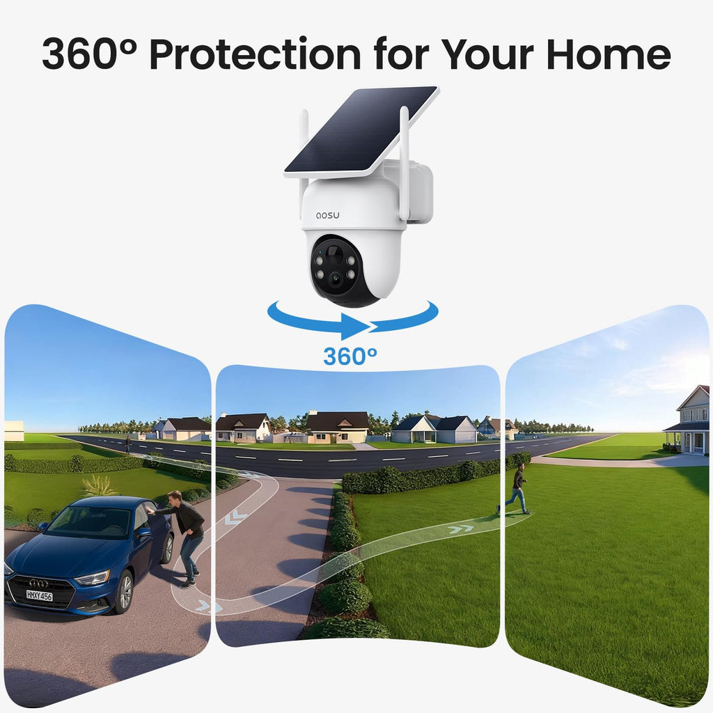 aosu D1 Classic 4-Cam Kit, Security Cameras Wireless Outdoor, Solar Powered | No Subscription Required, 32GB Built-in Storage, 360° Auto Tracking, 2K (3MP) Full-Color Night Vision, Easy Install
