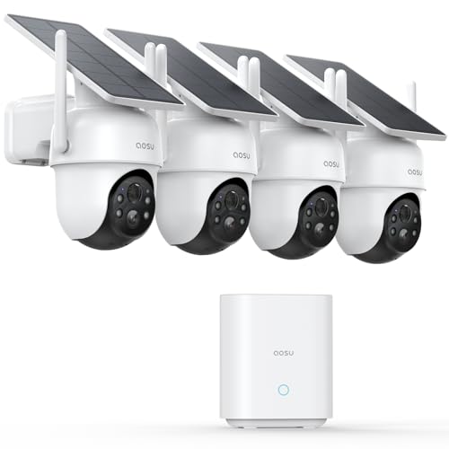 aosu D1 Classic 4-Cam Kit, Security Cameras Wireless Outdoor, Solar Powered | No Subscription Required, 32GB Built-in Storage, 360° Auto Tracking, 2K (3MP) Full-Color Night Vision, Easy Install
