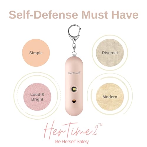 HerTime2 Personal Safety Alarm for Women - Loud Self Defense Siren, Waterproof Keychain with Strobe Light - Battery Powered, Rose Gold