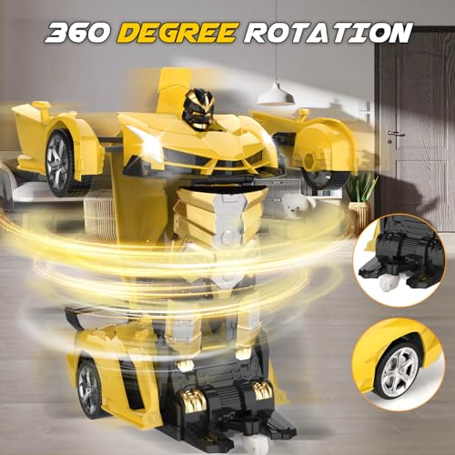 Britik Transform Remote Control Car Toys for Boys 4-6, Drift RC Car Yellow | Transform Cars, Gift for Boy Ages 4-12 Years Old, One-Button Transforming, 360° Rotation, 2.4GHZ 1:18 Scale, Robot Toy Car
