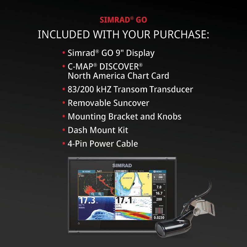 Simrad GO Chartplotter and Fish Finder, with Transducer and Radar Options, Preloaded C-MAP Discover Chart Card