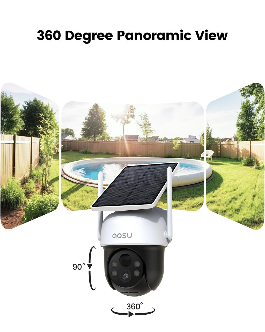 aosu Solar Camera Outdoor Wireless for Home Surveillance,Fixed Solar Panel | Easy to Set up,360° Full Coverage,Auto Person Tracking,2K Clarity&Full-Color Night Vision,Two-Way Talk,2.4GHz WiFi only