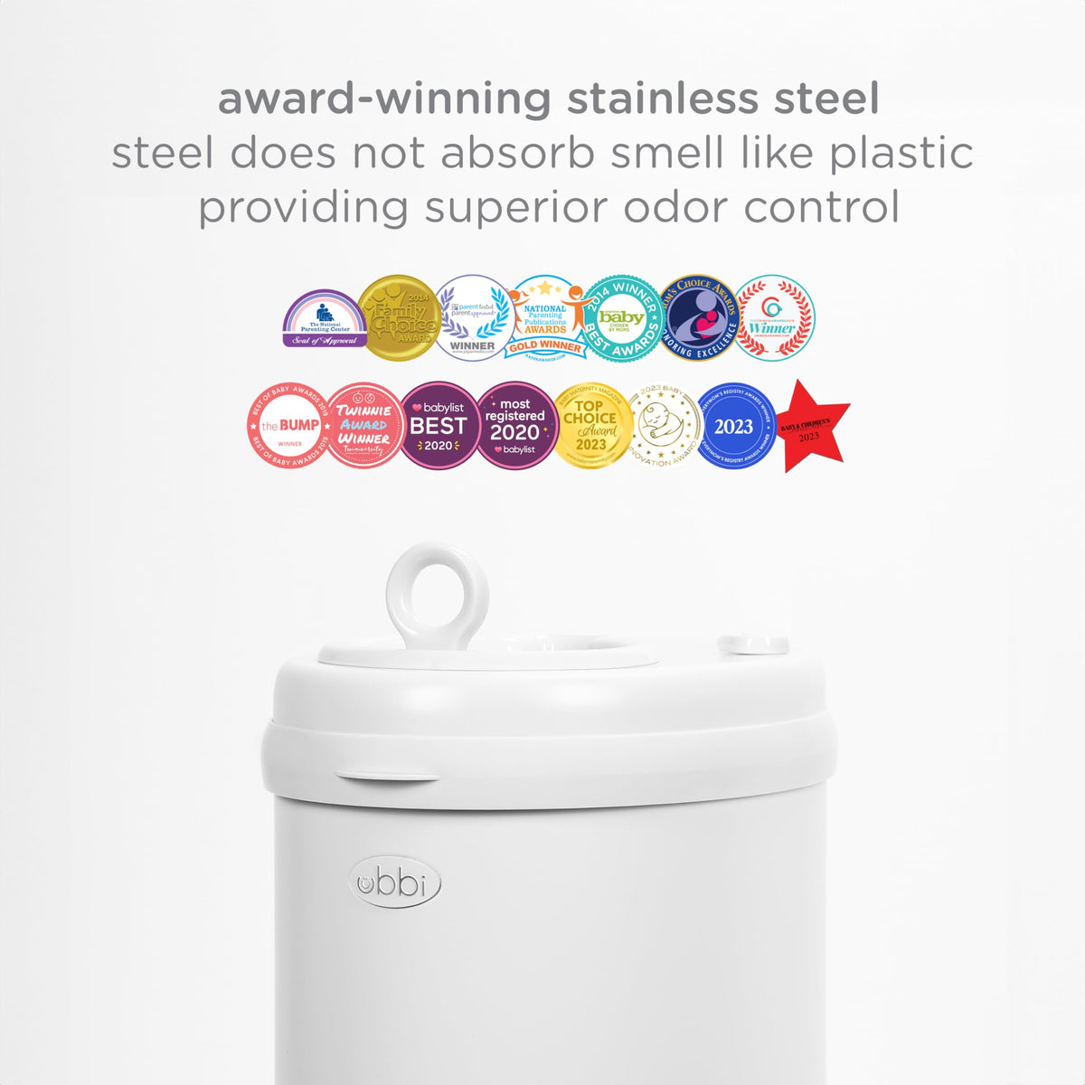 Ubbi Stainless Steel Diaper Pail, No Special Bags, Odor-Locking, White | Award-Winning Registry Must-Have, Childproof Safety Lid with Lock, Holds Up To 55 Newborn Diapers, Modern Nursery Essential