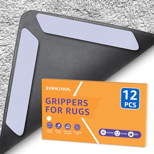 ZONGOOL 12PCS Rug Tape Non Slip Rug Pad Grippers Double Sided Carpet Tape | No Damage Floor Reusable Washable Grippers No Residue Rug Corners For Hardwood Tile&Laminate Floors Anti-Curl Rug Stickers