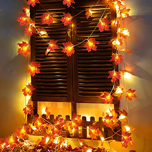 Fall Decor 2 Pack Fall Garland with Lights Enlarged Maple Leaves 20Ft 40LED | Halloween Thanksgiving Decorations, Battery Operated Waterproof Autumn String Lights Indoor Outdoor Fall Decorations for Home