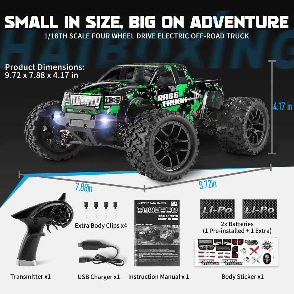 HAIBOXING 18859 1:18 Scale All Terrain RC Car, Hobby 4WD Remote Control Car | 2.4GHz Electric RC Vehicle 36 KPH High Speed 4X4 Waterproof Off-Road RC Truck with Two Rechargeable Batteries for RC Driving