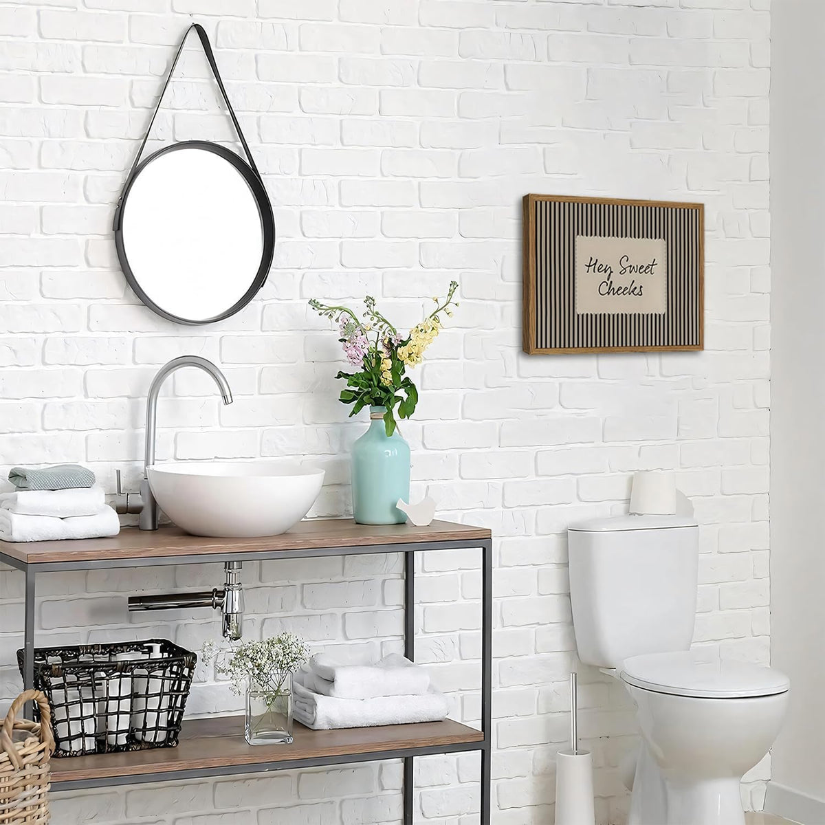 Hey Sweet Cheeks Bathroom Sign Wall Art Funny Black Striped Quote Restroom Wall Decor Picture Trendy Girl Bathroom Poster Canvas Painting Print 12x16 inch Wood Framed