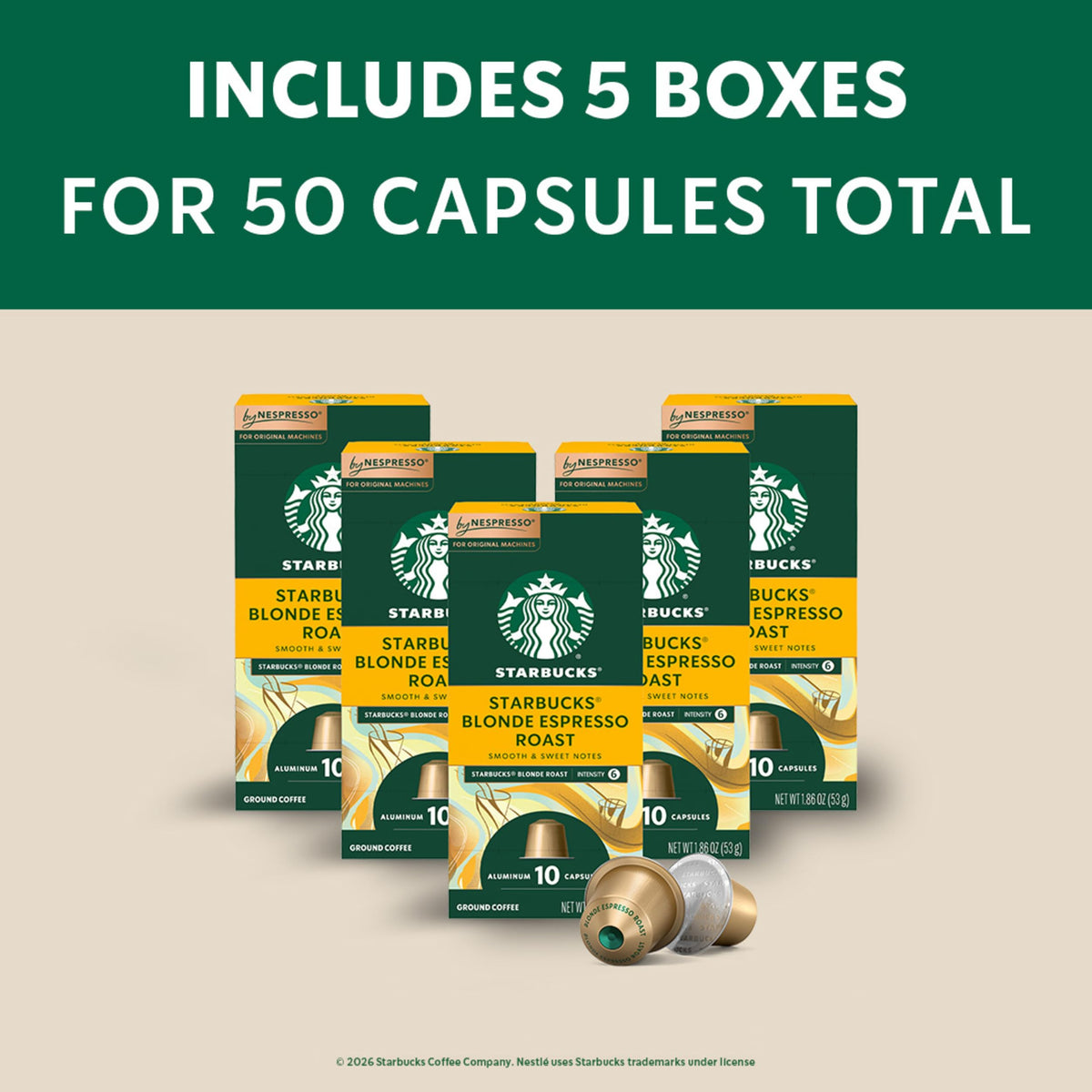 Starbucks by Nespresso Original, Blonde Roast Espresso 50-count | Blonde Roast Coffee Espresso Pods