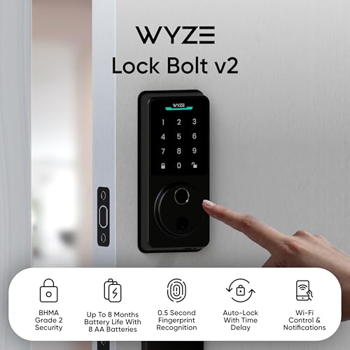 Wyze Auto-Lock Bolt v2, Fingerprint Keyless Entry Smart Lock, AI Learning Scanner with Wi-Fi Front Door Lock Deadbolt, Auto-Lock, 8 Months Battery, BHMA2, IP53, Anti-Peep Keypad, Backup Keys