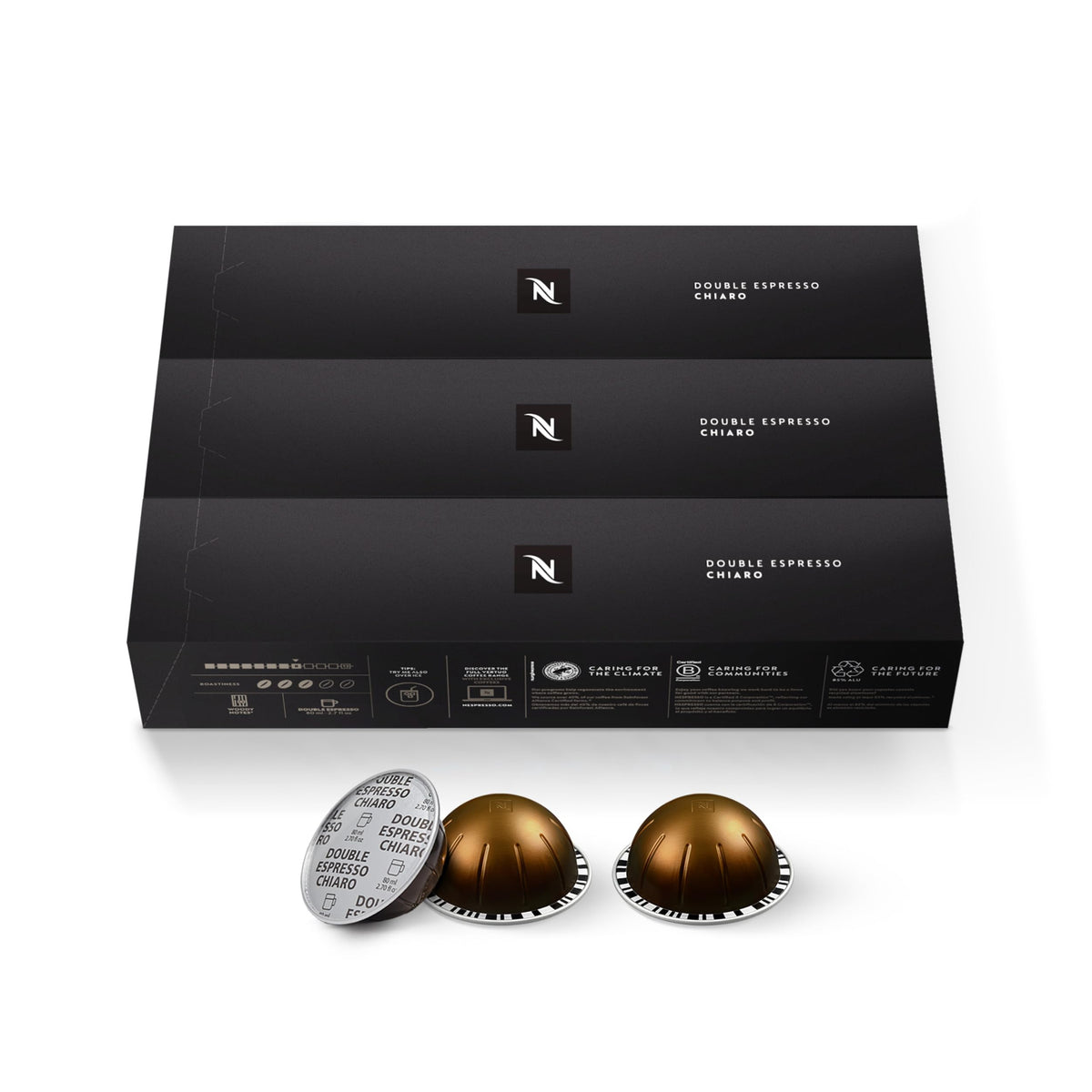 Nespresso Vertuo, Double Espresso Chiaro, Dark Roast, 30-Count Pods | Dark-Roast Coffee Capsules, Intense woody notes with creamy caramel