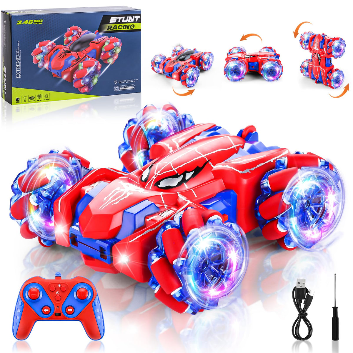 Spider Remote Control Car Headlight Double Sided Off-Road 360° Rotating Car | 2.4Ghz Rechargeable RC Stunt Car 4WD RC Drift Stunt Car for Boys Indoor Outdoor Toys 4-6 5-7 8-13