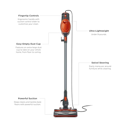 Shark Rocket Corded Stick Vacuum, Carpet & Hard Floors, Gray/Orange, HV301 | Under 9 Lbs., Handheld Conversion, Pet Hair Pickup, Swivel Steering, Low-Profile Reach, Crevice and Upholstery Tools