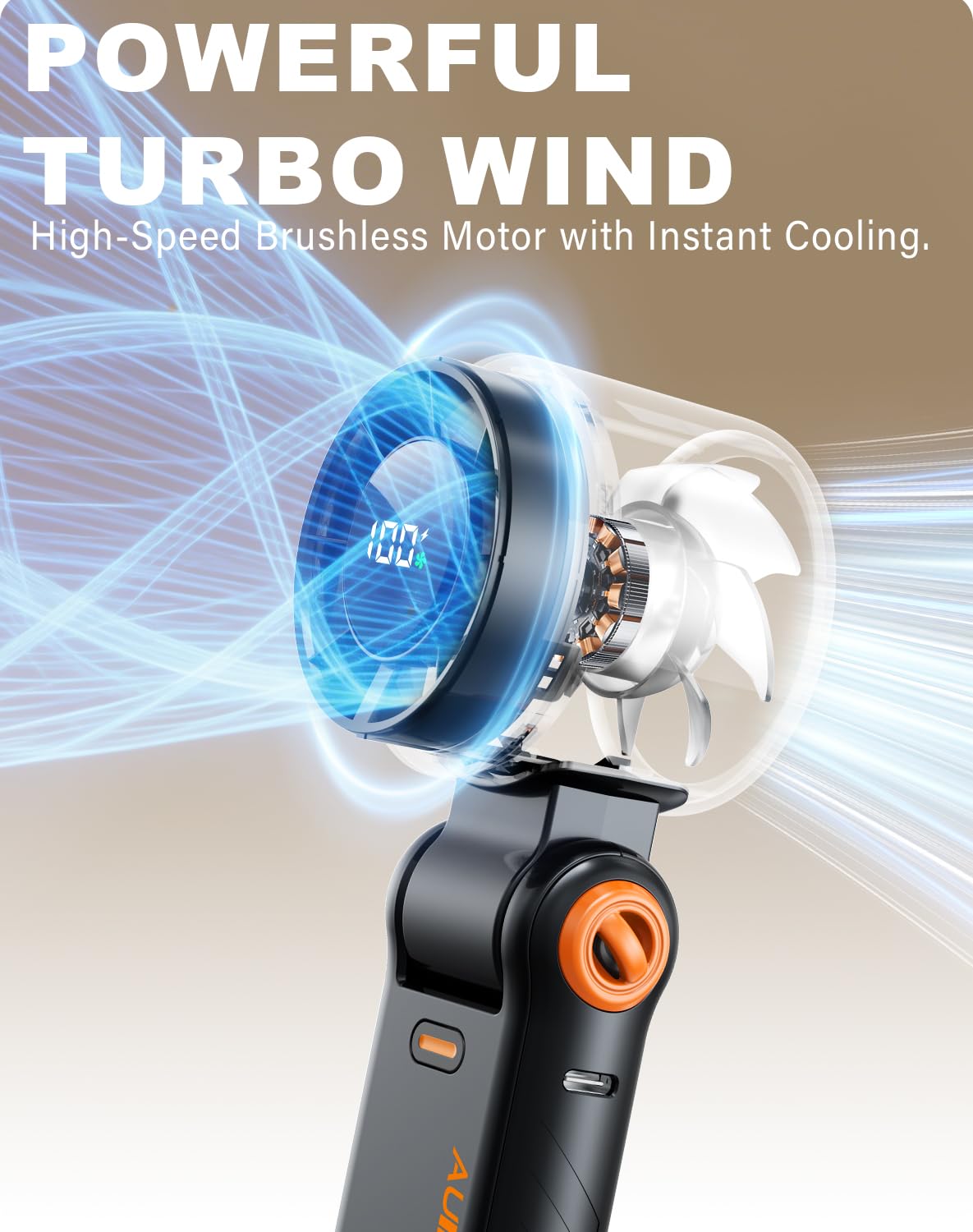 AUIIAH Portable Handheld Turbo Fan - 5 Speed Mini Personal Fan with Strong Airflow, Foldable 3 in 1 Rechargeable Battery Operated Trave Essentials Hand Fans for Indoor/Outdoor Use, Black