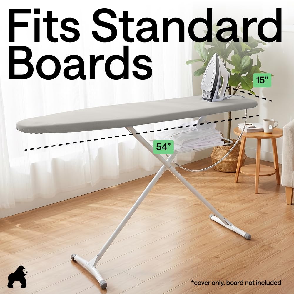 GORILLA GRIP Padded Ironing Board Cover, 15x54 Silver | Silicone Coating, 400°F Scorch and Stain Resistant, Fits Over Standard Size Board, Heavy Duty Hook and Loop Fastener Strap