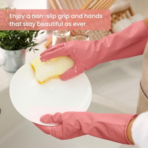 Rubber Cleaning Gloves for Dishwashing, 4 Pairs Reusable Kitchen Gloves for Washing Dishes and Household Cleaning, Colorful Dish Gloves with Flocked Lining and Non-Slip Grip, Pefect for Woman Men - M