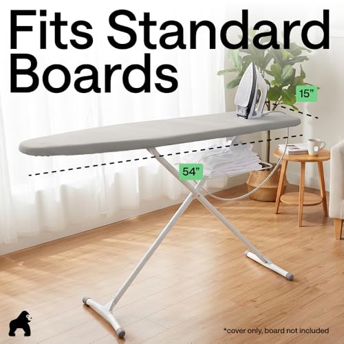 GORILLA GRIP Padded Ironing Board Cover, 15x54 Silver | Silicone Coating, 400°F Scorch and Stain Resistant, Fits Over Standard Size Board, Heavy Duty Hook and Loop Fastener Strap