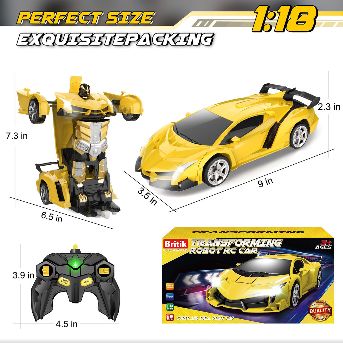 Britik Transform Remote Control Car Toys for Boys 4-6, Drift RC Car Yellow | Transform Cars, Gift for Boy Ages 4-12 Years Old, One-Button Transforming, 360° Rotation, 2.4GHZ 1:18 Scale, Robot Toy Car