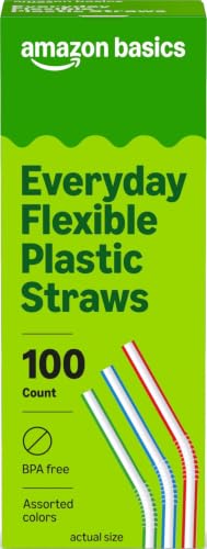 Amazon Basics Disposable Striped Plastic Flex Straws, Assorted Colors, 100 Count, Large Pack, Packaging May Vary