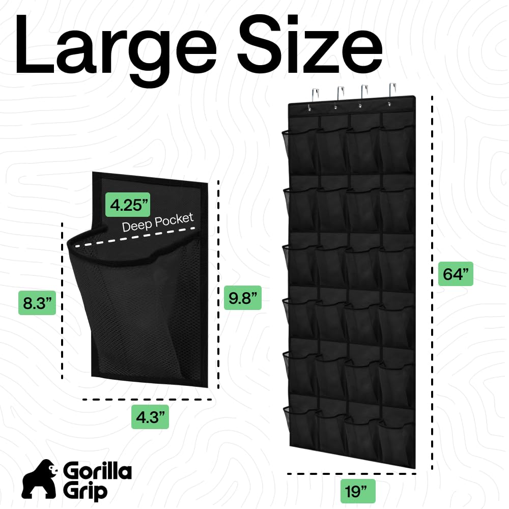 GORILLA GRIP Over the Door Shoe Organizer, 24 Large Pockets, Black | Breathable Mesh Pocket, Space Saving Hanging Storage Holder, Closet Rack Hanger for Shoes, Pantry and Bathroom Accessories